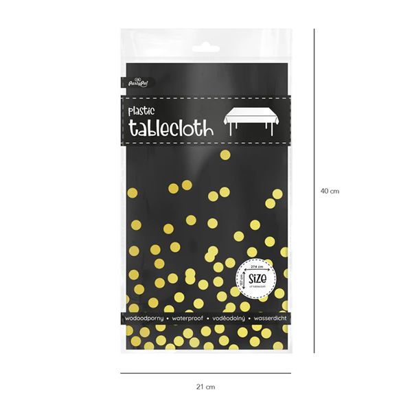 Asztalterítő, papír, fekete színű arany konfetti mintákkal, 137x 274 cm