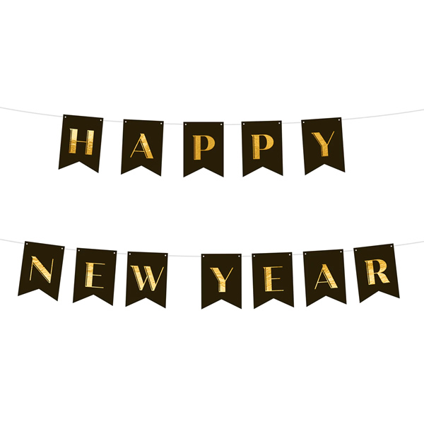 Happy new year betű fűzér, arany-fekete, 2.5méter
