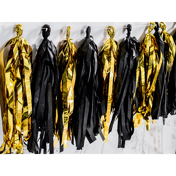Girland bojtokkal, arany-fekete, 1,5 m