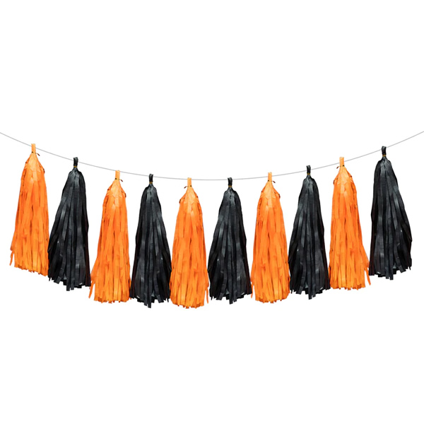 Girland bojtokkal, fekete-narancs, 1,5 m