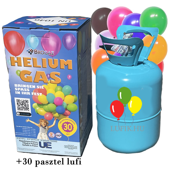 Hélium palack 30 léggömb felfújására + 30 pasztel léggömb