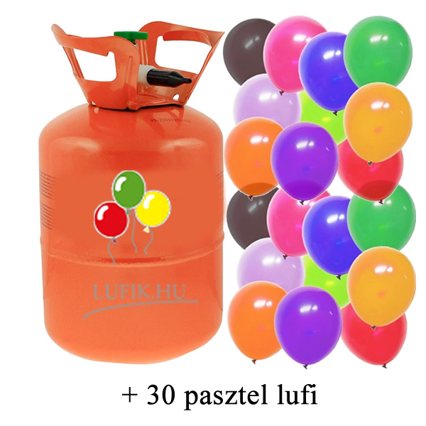 Hélium palack 30 léggömb felfújására, narancs színű palack, 30 pasztel lufival