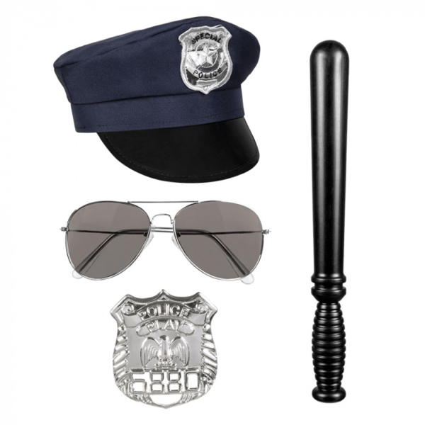 Rendőr sapka, szemüveg, bot, jelvény