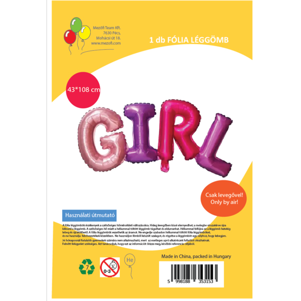 Fólia lufi, GIRL felirat, lányos színekkel, 43 X 108 cm