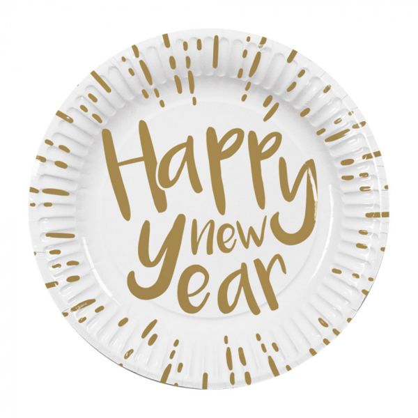 Happy New Year papír tányér, fehér 23 cm, 10 db