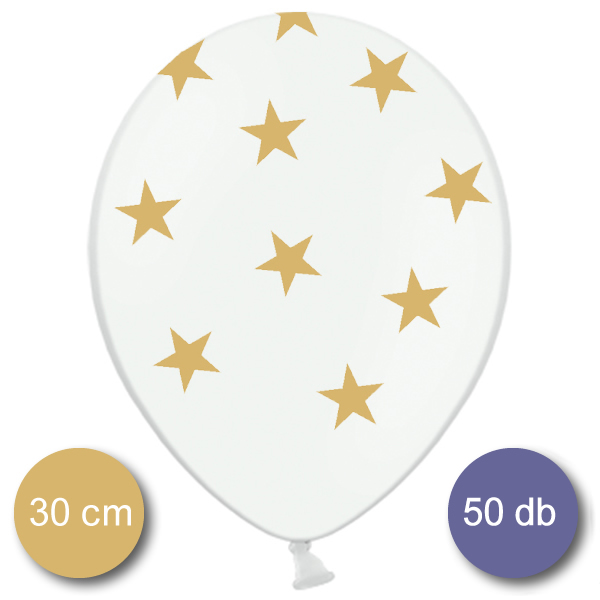 Léggömb, nagy csomag, fehér, arany csillagokkal, 30cm, 50 db/cs