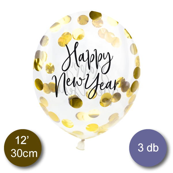 Léggömb, átlátszó, Happy New Year felirattal, konfettivel, 3 db
