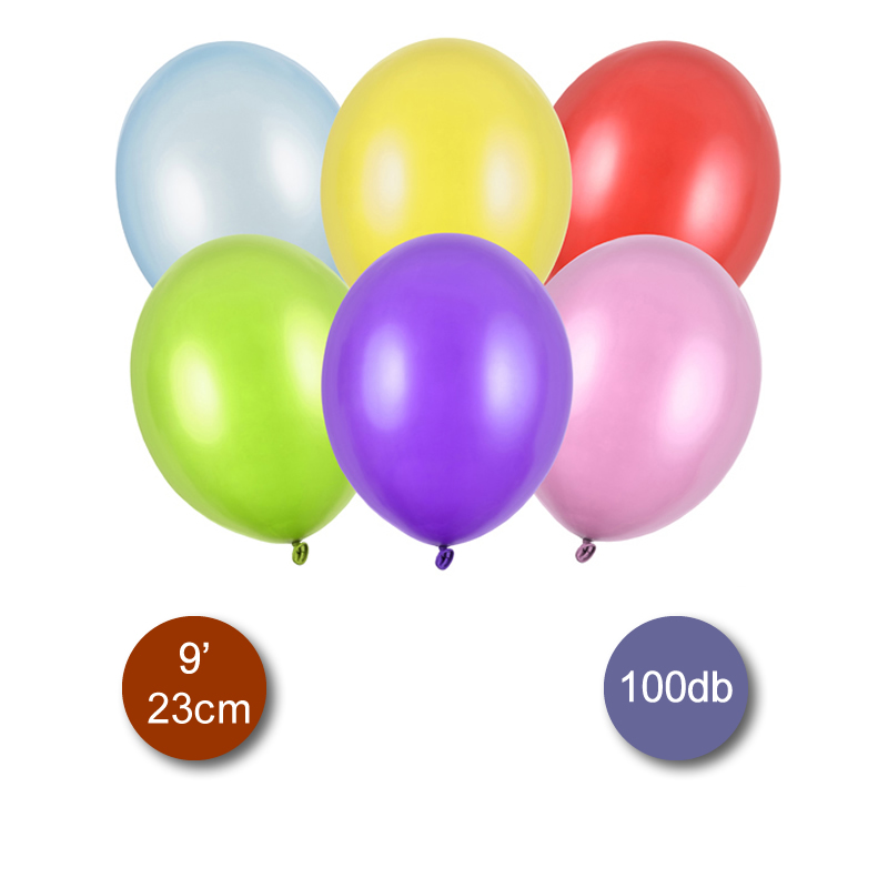 Gömb metál lufi, vegyes színekben, 23cm, 100 darab