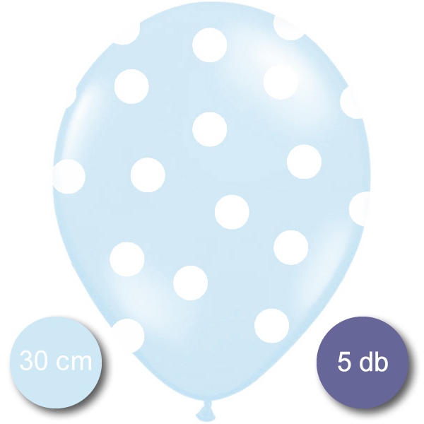 Pöttyös léggömb, 30cm, bébi kék színben, 5 db/cs