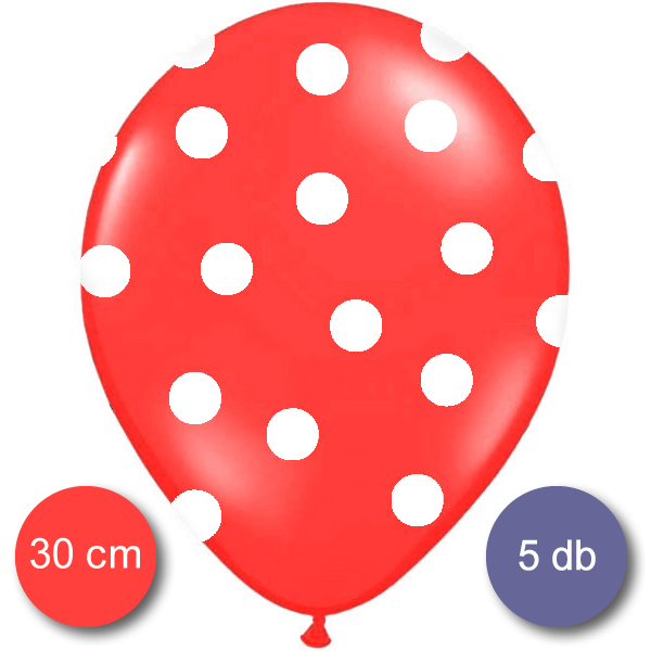 Pöttyös léggömb, 30cm, piros színben, 5 db/cs