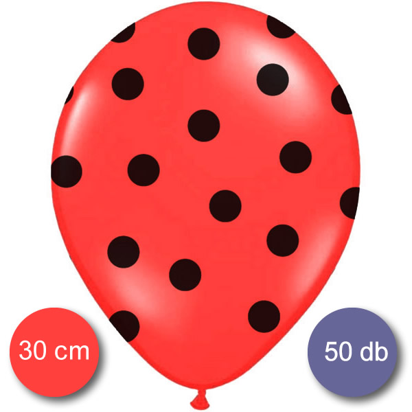 Pöttyös léggömb, nagy csomag, 30cm, piros színben, fekete pöttyökkel, 50 db/cs