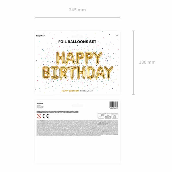 Fólia lufi , Happy Birthday betűk, arany, 340 X 35cm