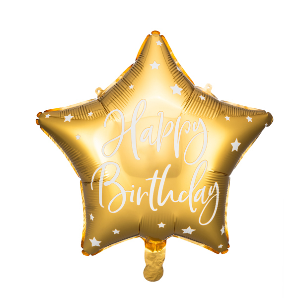 Fólia lufi, csillag alakú, arany, 40cm,  Happy Birthday felirattal