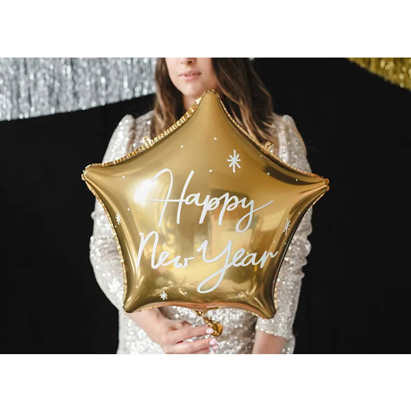 Happy New Year, csillag alakú, arany fólia lufi 47x50 cm