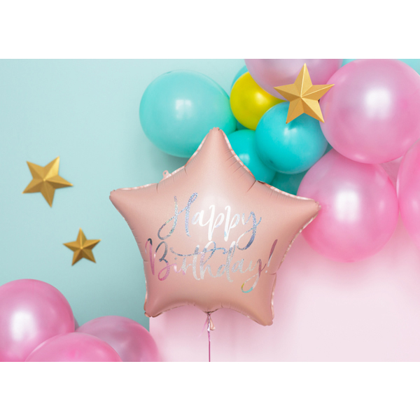 Fólia lufi, csillag alakú, púder pink , 40cm,  Happy Birthday felirattal