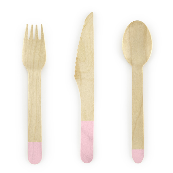 Evőeszköz , fából, világos rózsaszín nyél, 18/db (kanál, kés, villa)