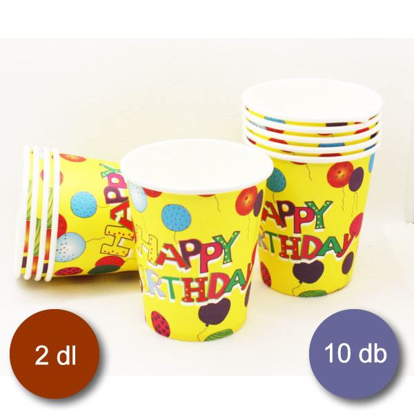 Papír pohár 10 db/cs - Happy Birthday sárga-lufis