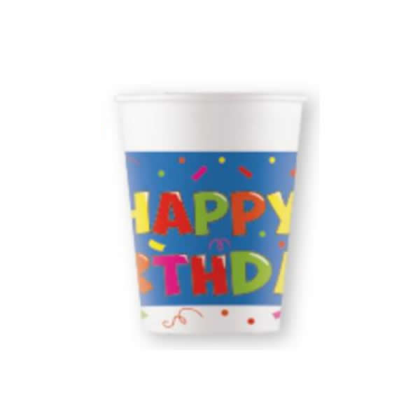 Party papír pohár,  happy birthday, kék party, 2 dl, 8 db