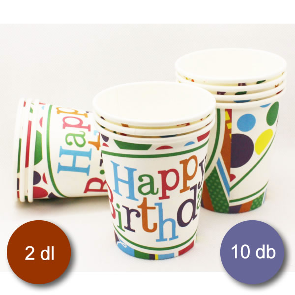 Papír pohár 10 db/cs - Happy Birthday, pöttyös-csíkos