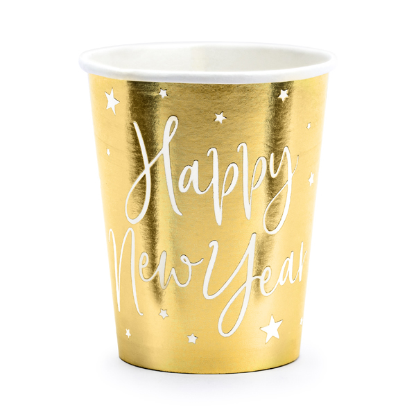 Papír pohár, arany színben, Happy New Year, 220 ml, 6 db/cs