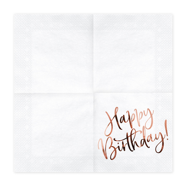 Szalvéta, fehér, happy birthday, rosegold felirat, 20 db, 33x33 cm