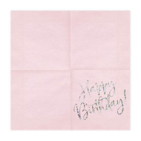 Szalvéta, világos púder pink, happy birthday, 20 db, 33x33 cm