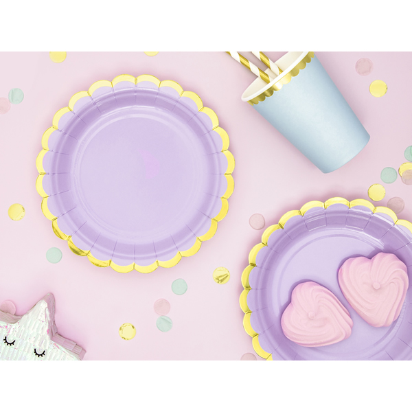 Papír tányér, világos lila, arany szegéllyel, 18 cm