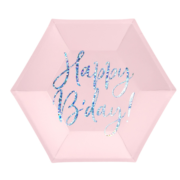 Papír tányér,  hatszögletű, púder pink, Happy Birthday felirattal