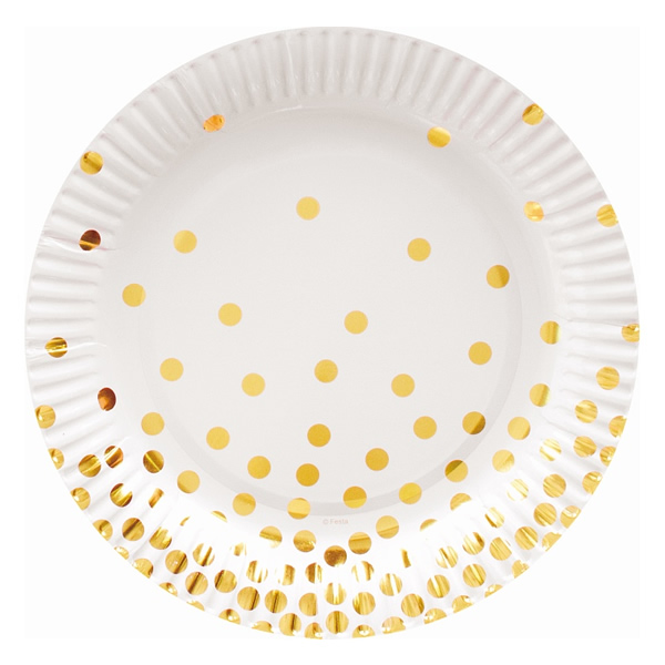 Papír tányér fehér,  arany pöttyös, 18cm, 6 db/cs