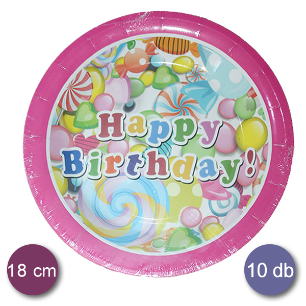 Papír tányér 10 db/cs - happy birthday, édességes