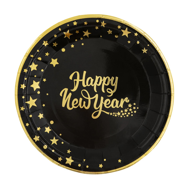 Papír tányér, fekete-arany, Happy New Year, 23cm,  6 db/cs