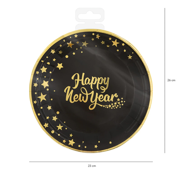 Papír tányér, fekete-arany, Happy New Year, 23cm,  6 db/cs