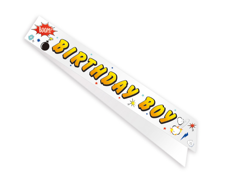 Vállszalag, fehér, Birthday boy felirattal, 10 X 150 cm