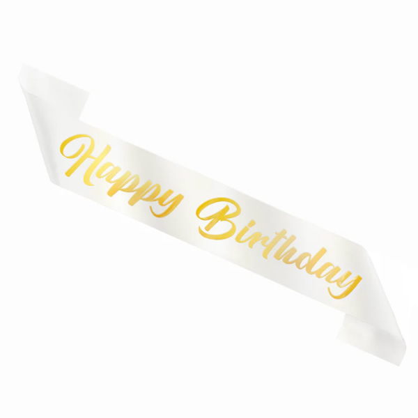 Vállszalag, fehér, Happy Birthday felirattal, 10 X 160 cm