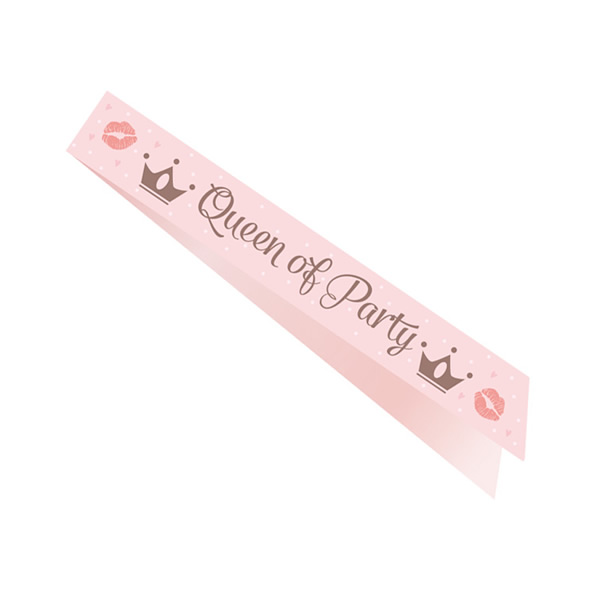 Vállszalag, pink, Queen of party felirattal, 10 X 150 cm